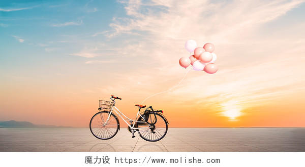 夕阳场景情人节带着气球自行车展板背景